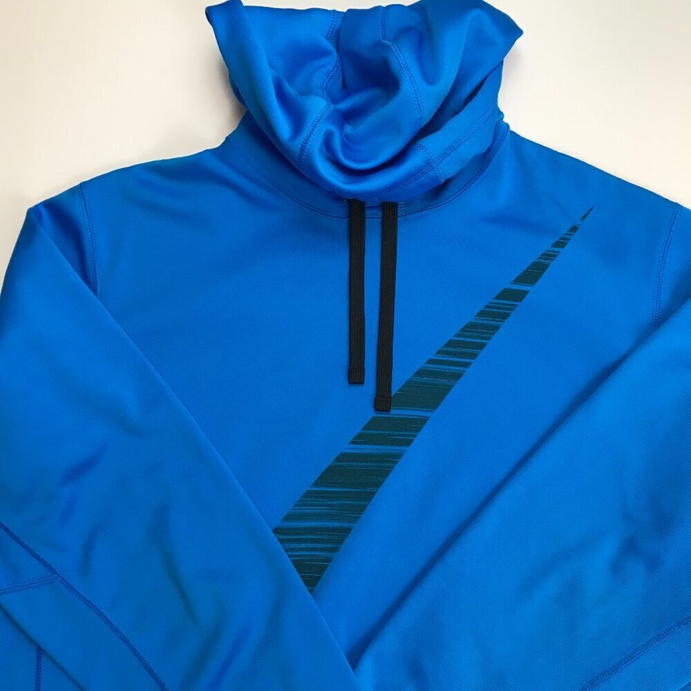 Nike Therma Fit Men Large Blue Black Logo Long Sleeve Athletic Hoodie Pullover
